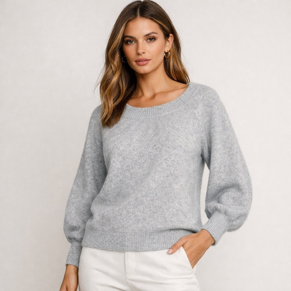 Precious Fibers 100% Cashmere Balloon Sleeve Sweater Light Grey Luxury Soft Knit